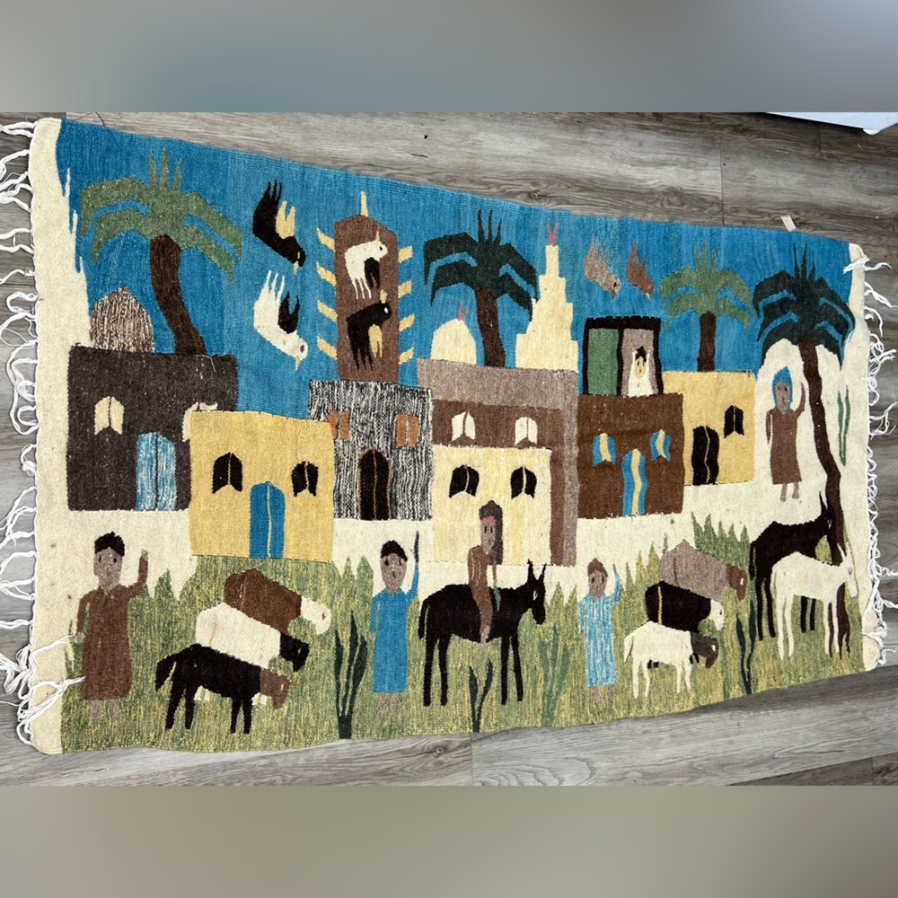 Egyptian Hand Woven Tapestry- 5 FT Wall Hanging-Folk Art Egypt-Wool Kilim Rug